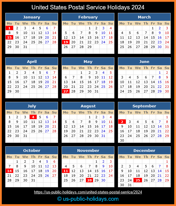 United States Postal Service Holidays 2024 Calendar